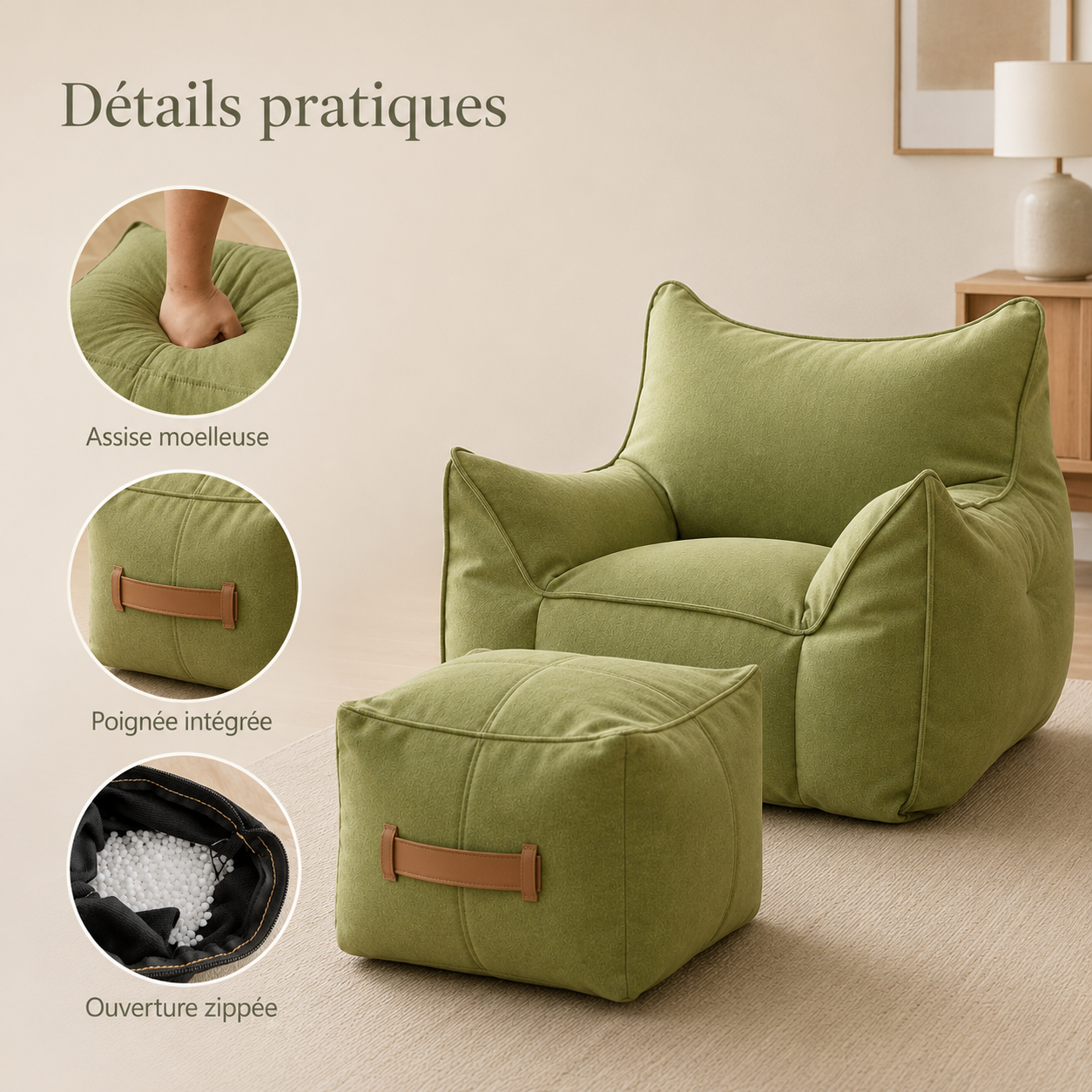 Détails du pouf salon en tissu avec assise moelleuse, poignée intégrée et ouverture zippée