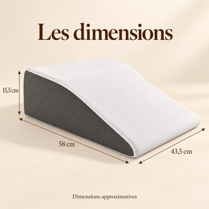 Dimensions du coussin repose-jambes : 58 cm de longueur, 43,5 cm de largeur et 15,5 cm de hauteur