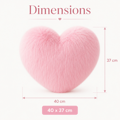 Schéma des dimensions du coussin moumoute en forme de cœur rose, format 40 x 37 cm.