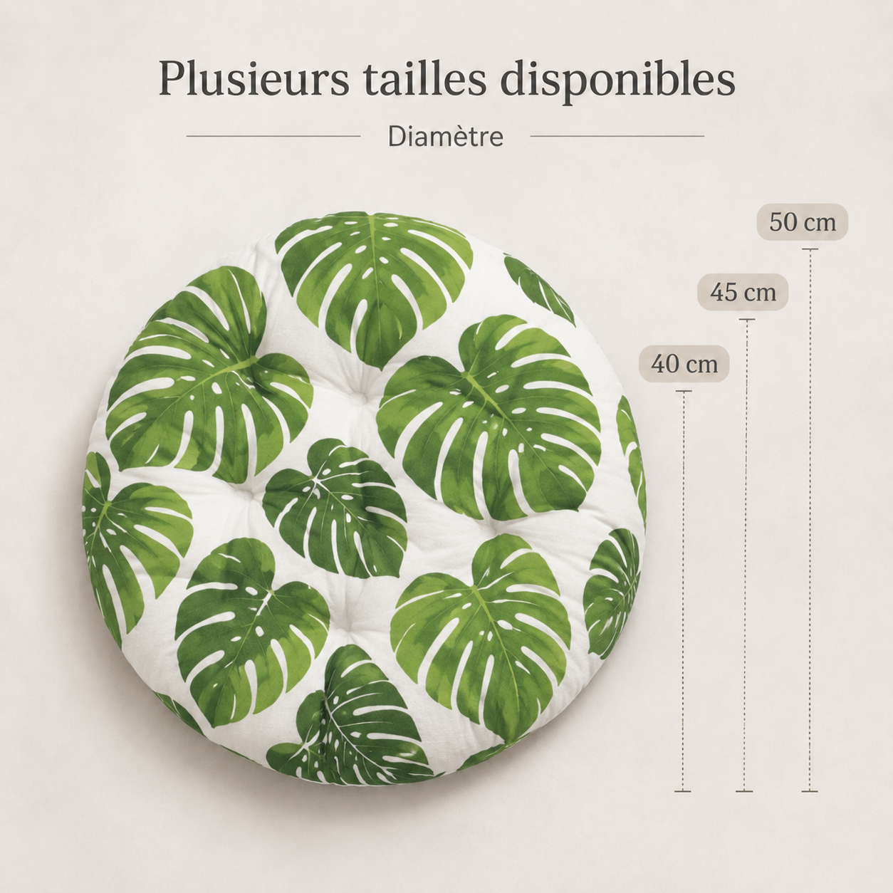 Guide des tailles du coussin de chaise rond disponible en 40 cm, 45 cm et 50 cm de diamètre.