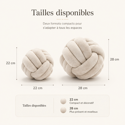 Guide des tailles du coussin nœud disponible en 22 cm et 28 cm.