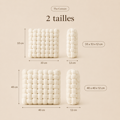Guide des tailles du coussin tressé disponible en 33 × 33 × 12 cm et 40 × 40 × 12 cm.