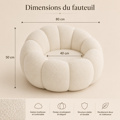 Schéma des dimensions du fauteuil pouf salon bouclette forme citrouille