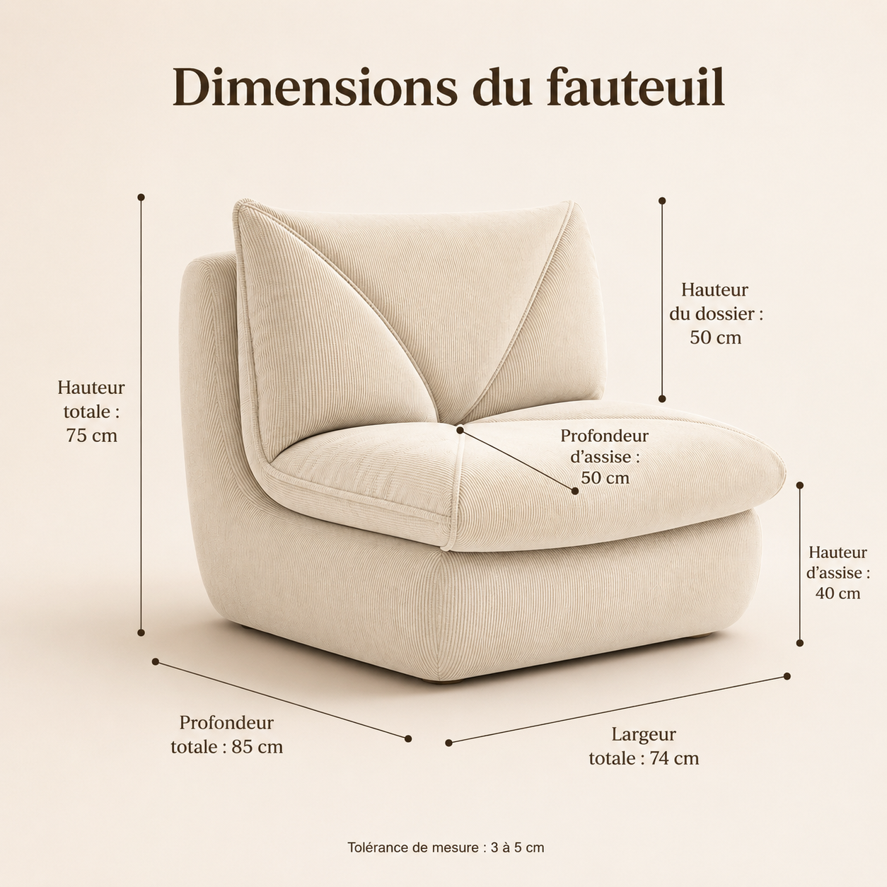 Dimensions du fauteuil pouf salon en velours côtelé beige avec mesures visibles