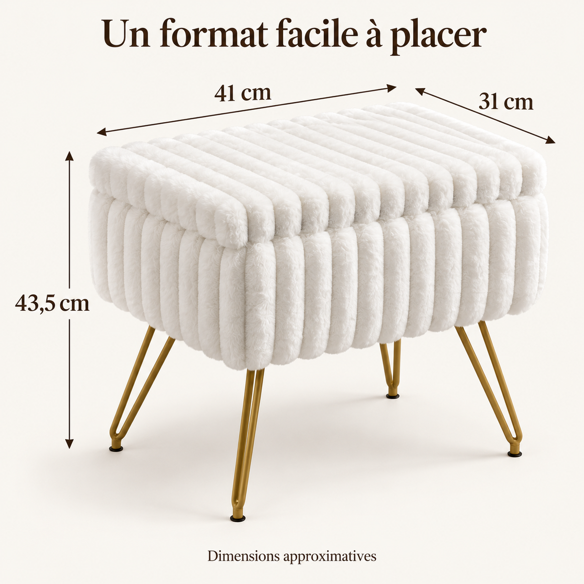 Pouf coffre blanc avec ses dimensions approximatives : 41 cm de largeur, 31 cm de profondeur et 43,5 cm de hauteur.