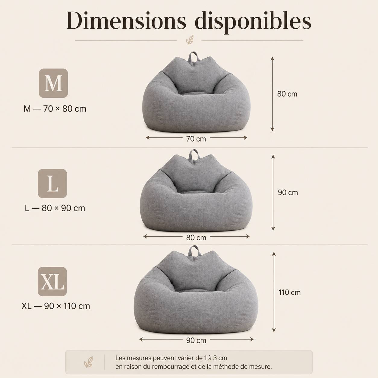 Comparaison des dimensions du pouf poire en lin lavable en tailles M, L et XL