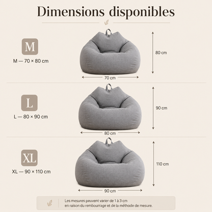 Comparaison des dimensions du pouf poire en lin lavable en tailles M, L et XL