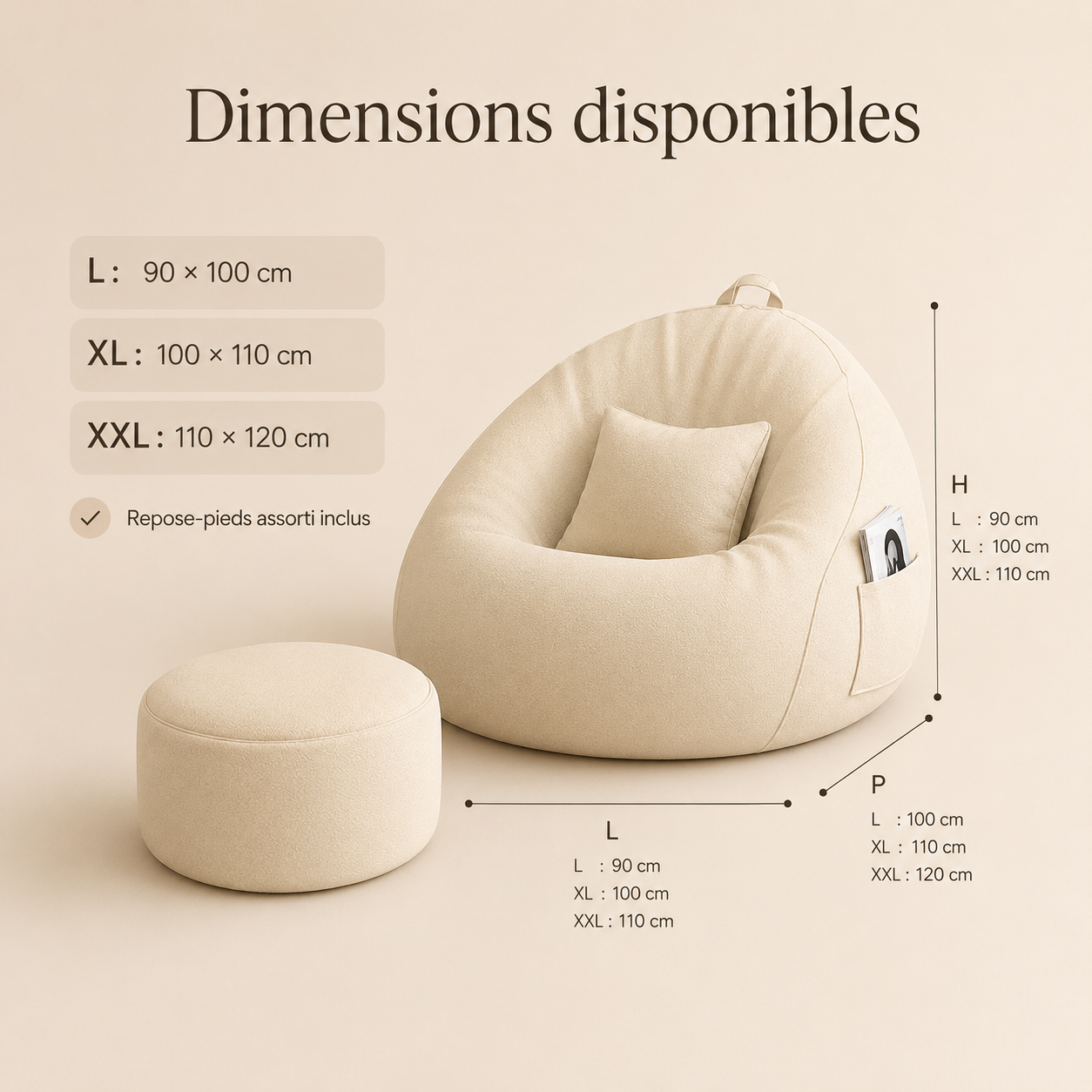Dimensions disponibles du pouf poire géant pour salon en tailles L, XL et XXL