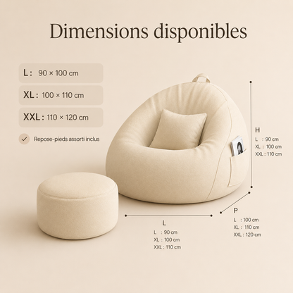 Dimensions disponibles du pouf poire géant pour salon en tailles L, XL et XXL