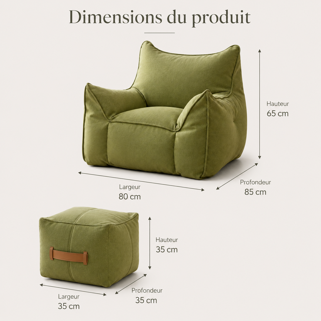Schéma des dimensions du pouf salon en tissu et de son repose-pieds assorti