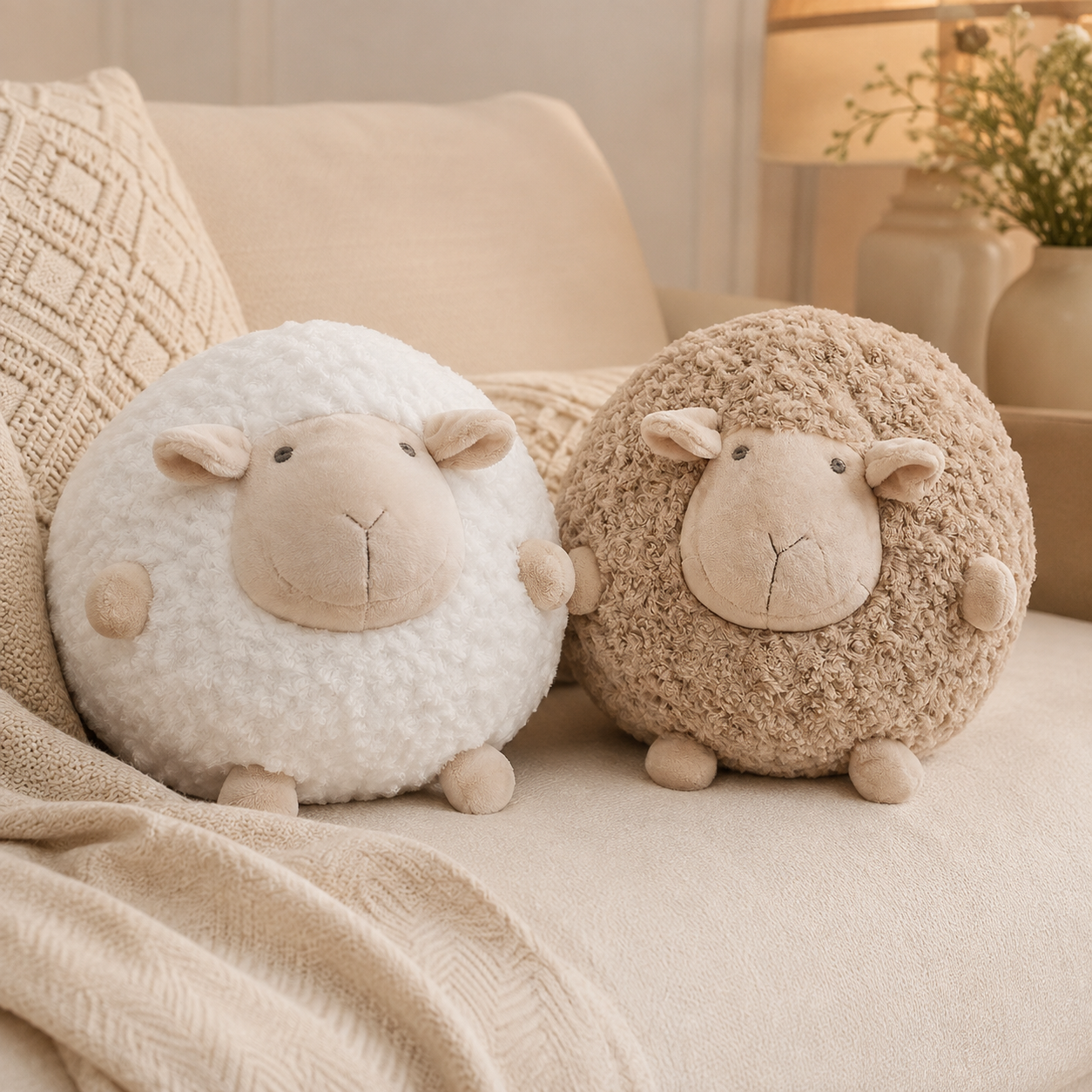 Deux coussins mouton moelleux blanc et beige posés côte à côte sur un lit