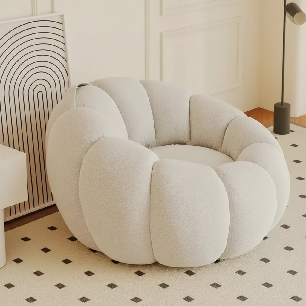 Fauteuil pouf salon bouclette écru en forme de citrouille