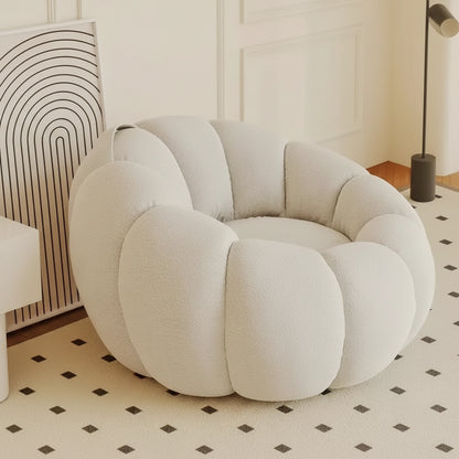 Fauteuil pouf salon bouclette écru en forme de citrouille