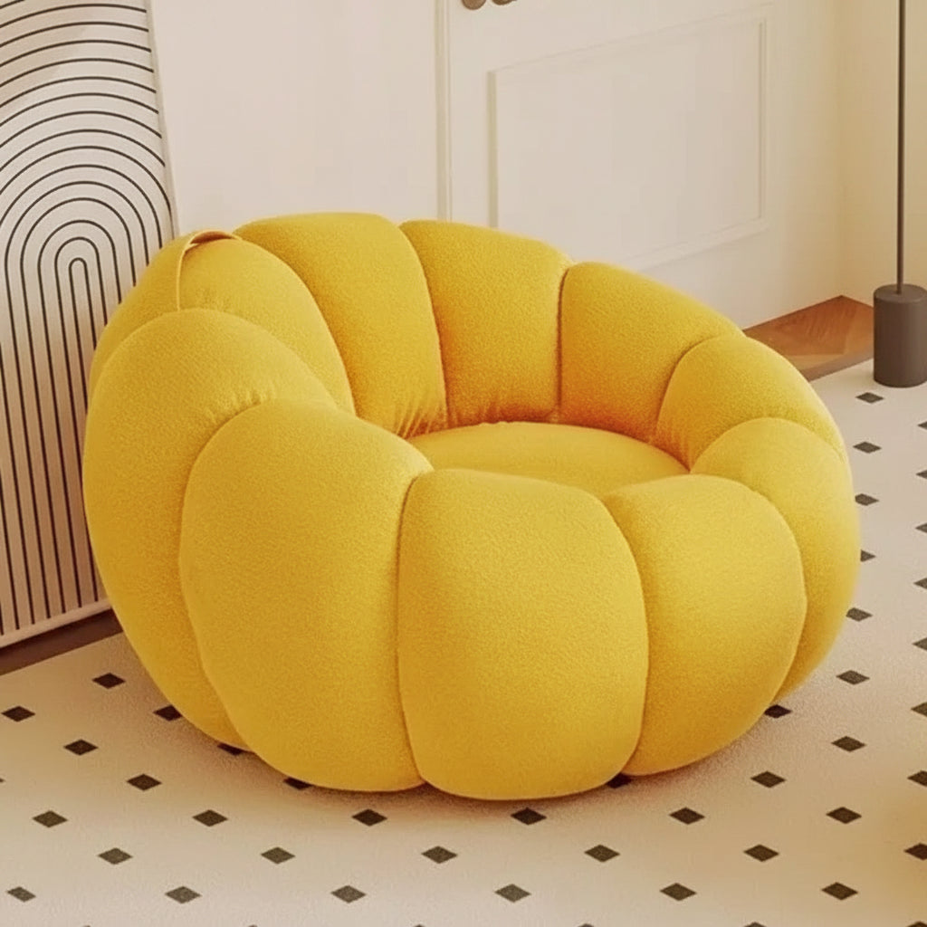 Fauteuil pouf salon bouclette jaune moutarde en forme de citrouille