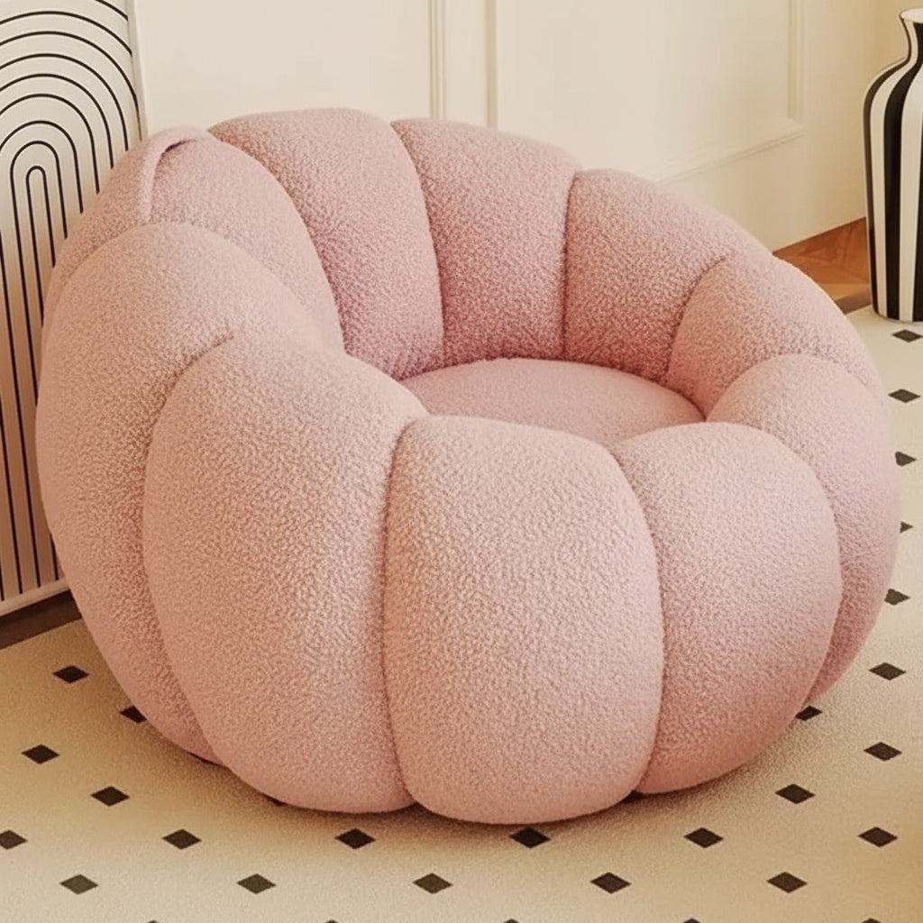 Fauteuil pouf salon bouclette rose poudré en forme de citrouille