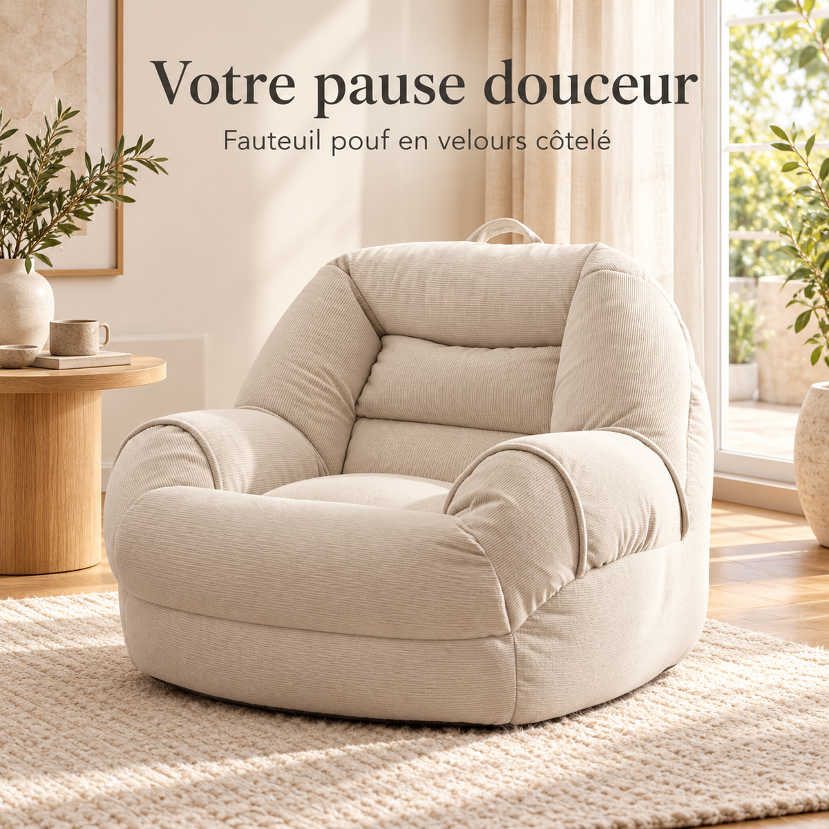 Fauteuil pouf en velours côtelé crème installé sur un tapis dans un salon lumineux, près d’une table en bois.