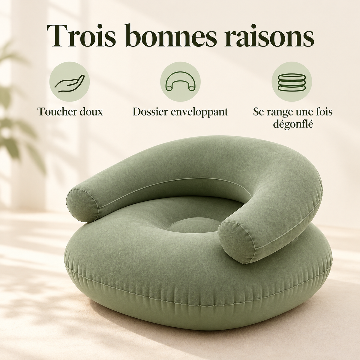 Fauteuil pouf gonflable vert présentant ses trois bénéfices : toucher doux, dossier enveloppant et rangement après dégonflage.