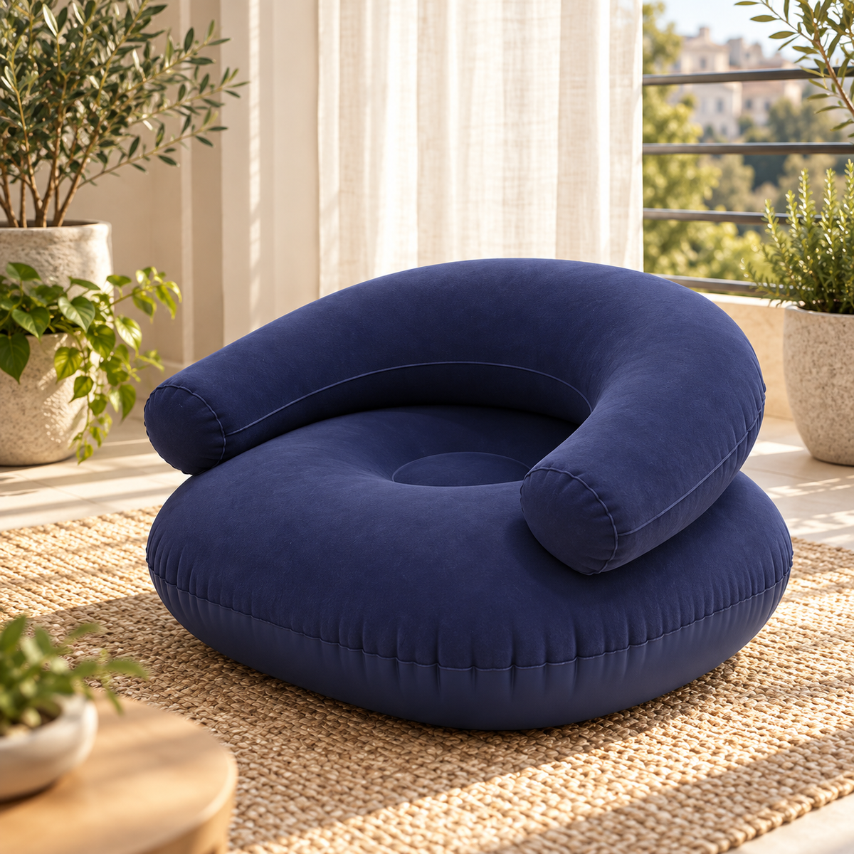 Fauteuil pouf gonflable bleu nuit avec accoudoirs arrondis, installé sur un tapis dans un balcon lumineux.