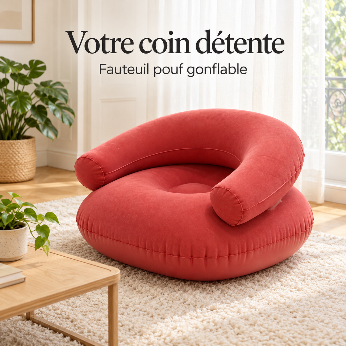 Fauteuil pouf gonflable rouge corail installé sur un tapis clair dans un salon lumineux.