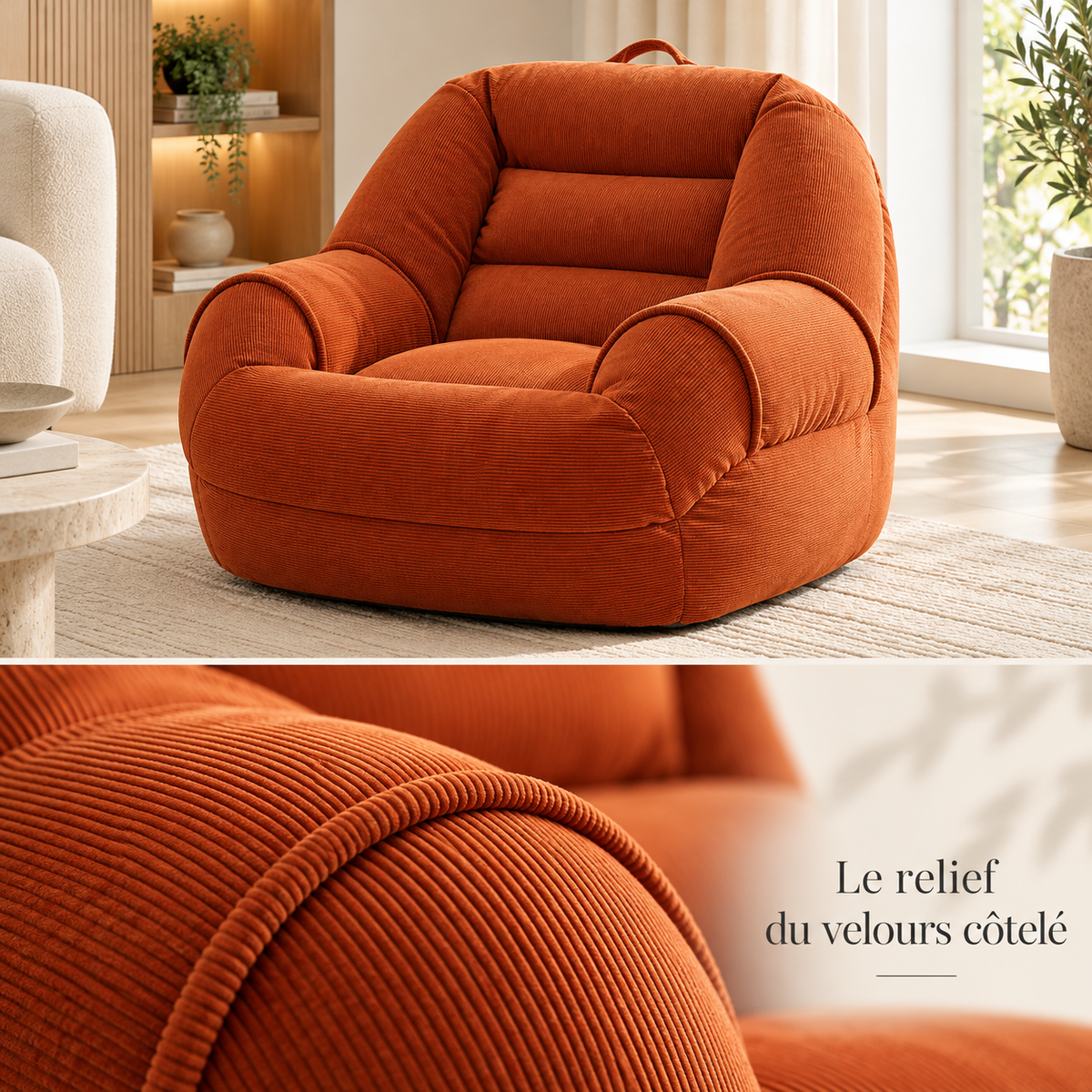 Fauteuil pouf orange rouille dans un salon et gros plan sur le velours côtelé et la couture de l’accoudoir.