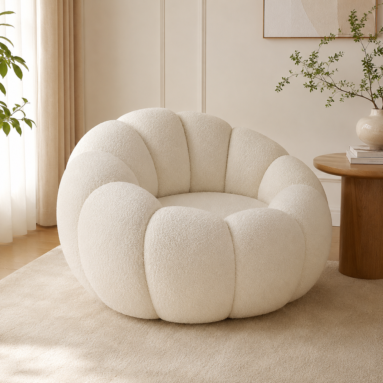 Fauteuil pouf salon en tissu bouclette crème, forme citrouille, dans un intérieur lumineux