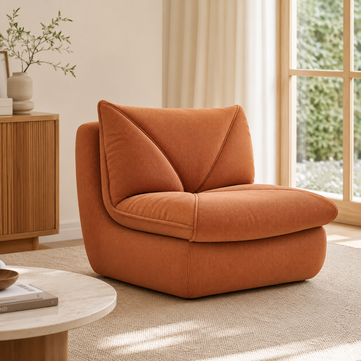 Fauteuil pouf salon en velours côtelé marron caramel dans un intérieur lumineux