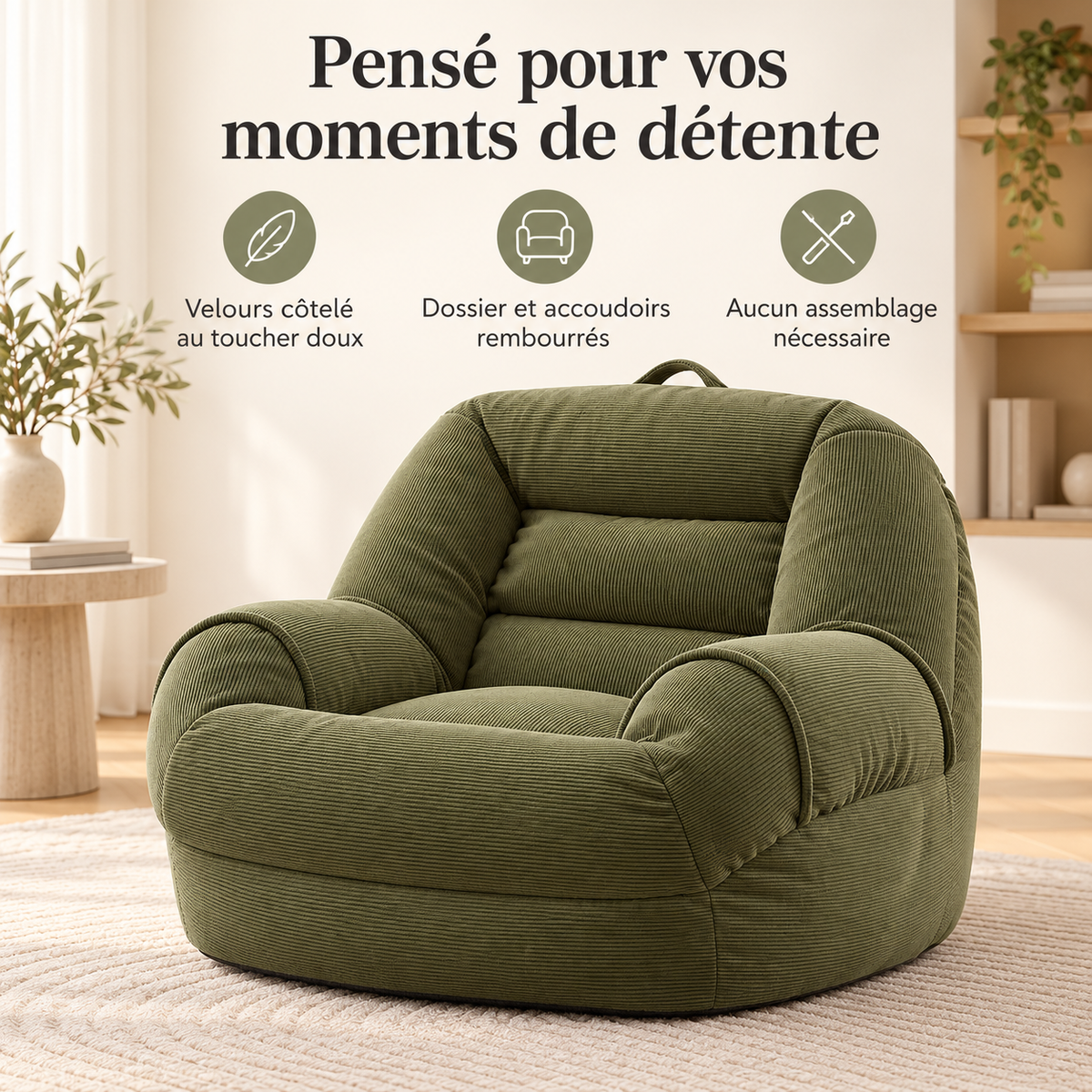 Fauteuil pouf vert olive présentant ses trois bénéfices : toucher doux, dossier et accoudoirs rembourrés, aucun assemblage nécessaire.