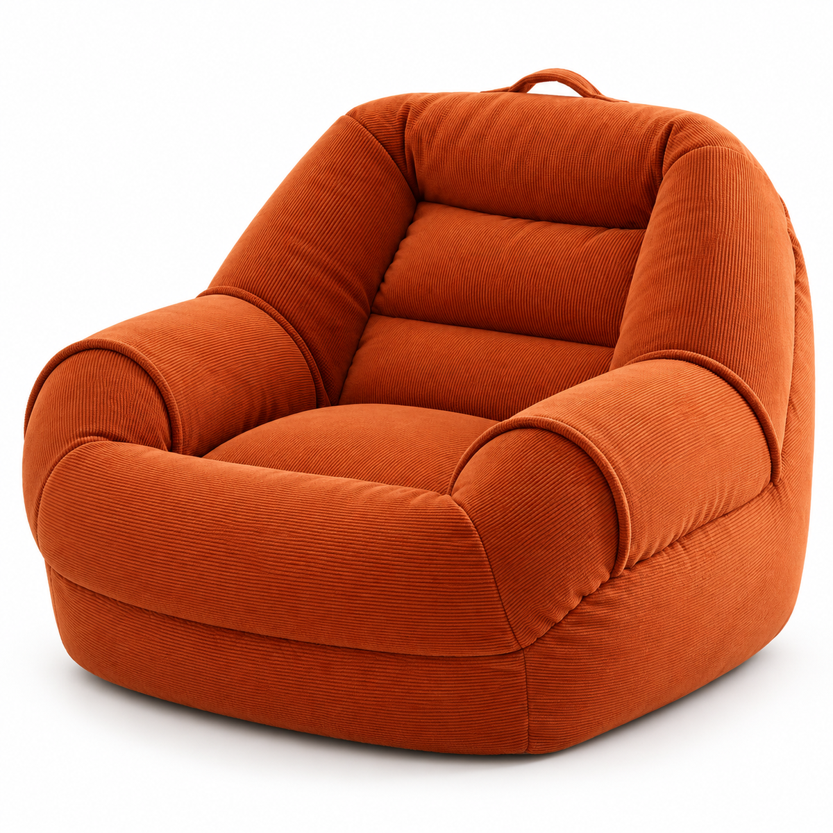 Fauteuil pouf en velours côtelé orange rouille, avec dossier et accoudoirs rembourrés, sur fond blanc.