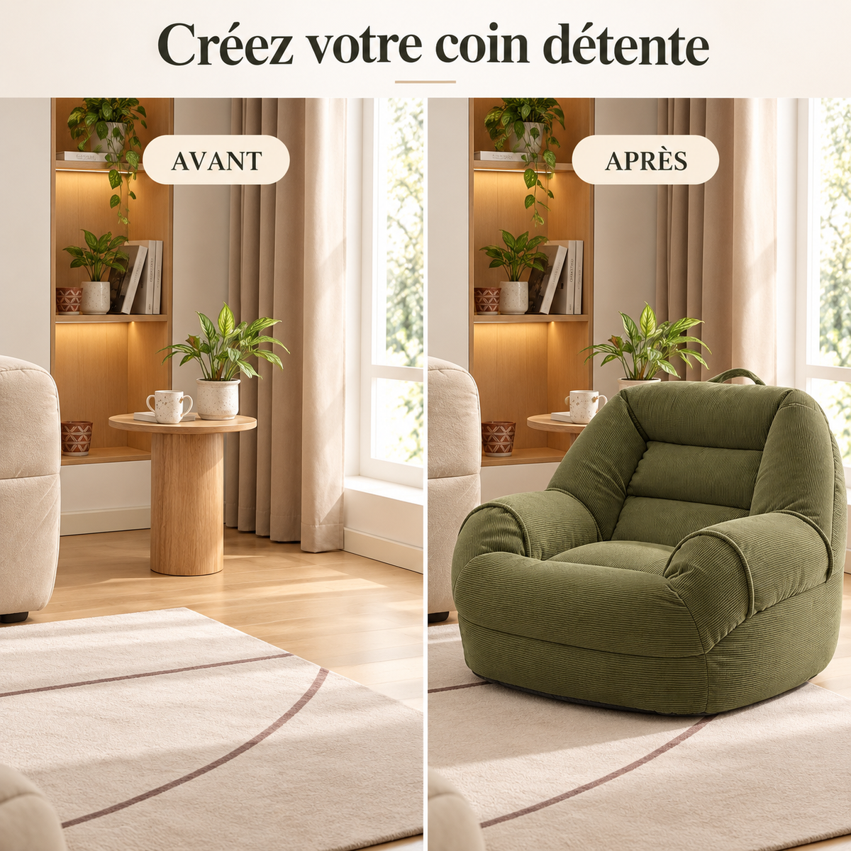Comparaison d’un coin de salon avant et après l’ajout du fauteuil pouf en velours côtelé vert olive.
