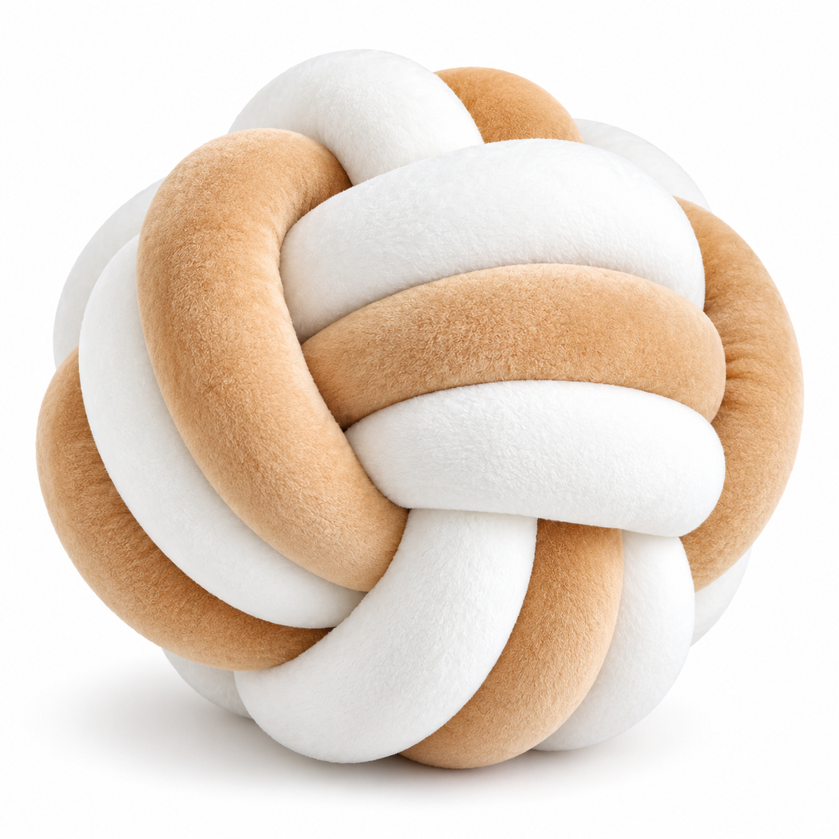 Coussin nœud bicolore en velours blanc et camel sur fond blanc