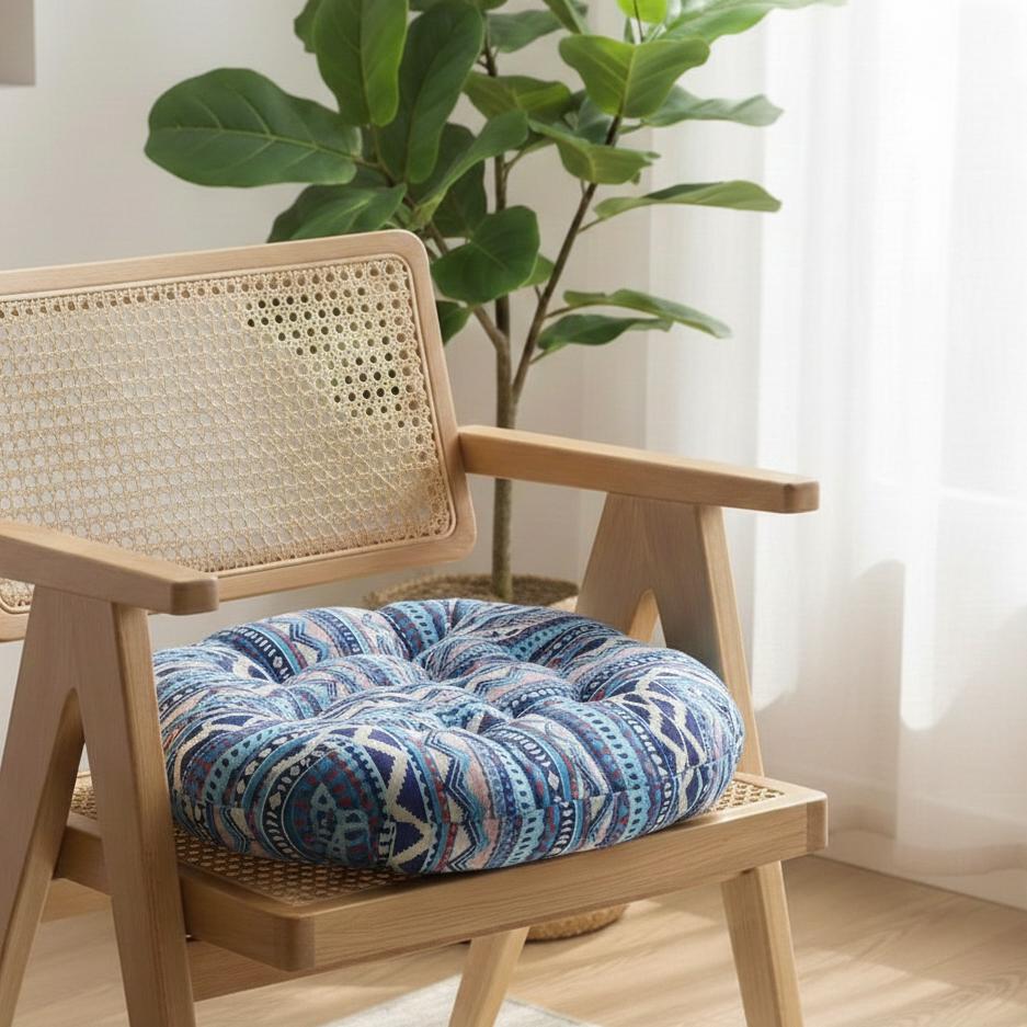 Coussin de chaise bohème rond bleu