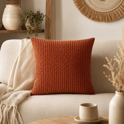 Housse de coussin terracotta à texture côtelée présentée garnie sur un canapé beige dans un intérieur bohème chaleureux.