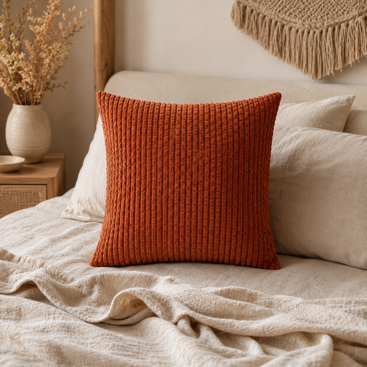 Housse de coussin terracotta côtelée présentée garnie sur un lit beige dans une chambre bohème.