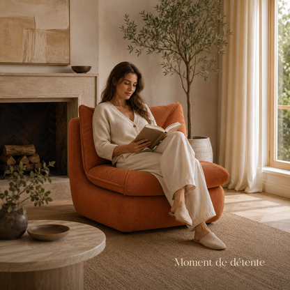 Personne assise dans un fauteuil pouf salon en velours côtelé marron caramel