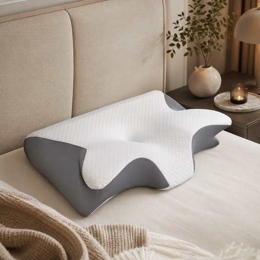 Oreiller ergonomique blanc et gris posé sur un lit beige dans une chambre chaleureuse.