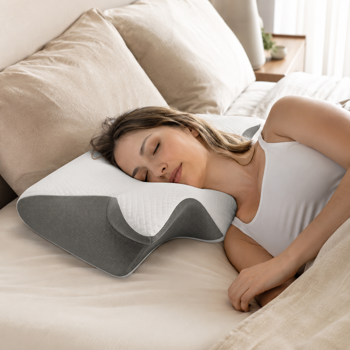 Femme dormant sur le côté avec la tête positionnée sur un oreiller cervical à mémoire de forme.