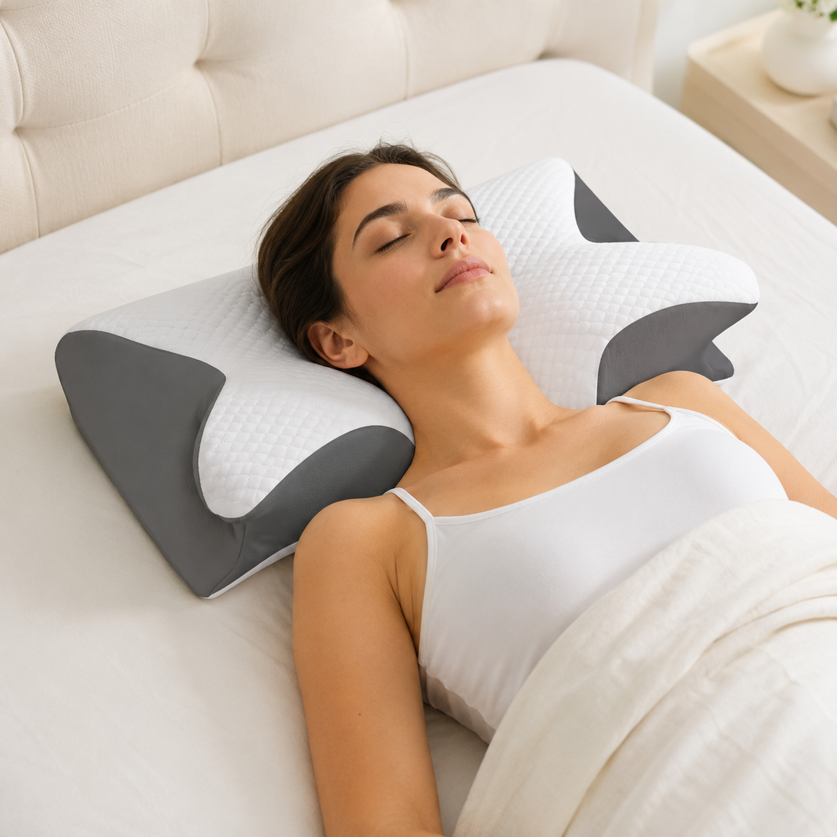 Femme allongée sur le dos avec la tête et la nuque soutenues par un oreiller ergonomique blanc et gris.