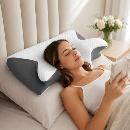 Femme installée dans son lit et lisant confortablement avec la nuque soutenue par un oreiller