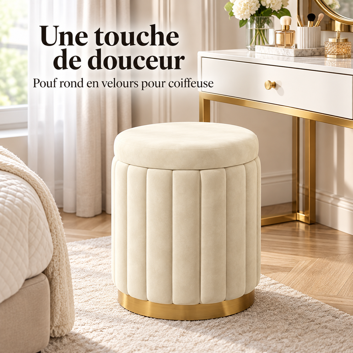 Pouf rond blanc crème en velours avec base dorée devant une coiffeuse blanche dans une chambre lumineuse.