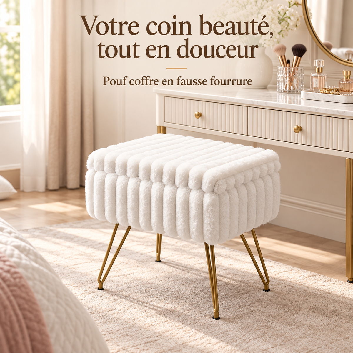 Pouf coffre blanc en fausse fourrure avec pieds dorés devant une coiffeuse claire dans une chambre lumineuse.