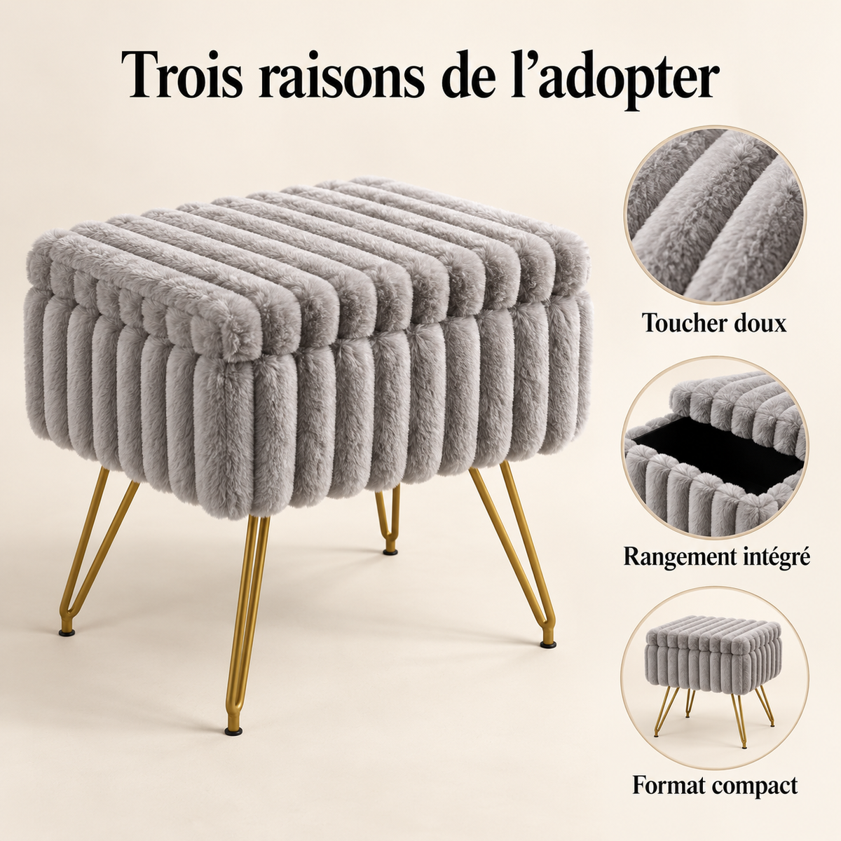 Pouf coffre gris en fausse fourrure présentant trois atouts : toucher doux, rangement intégré et format compact.