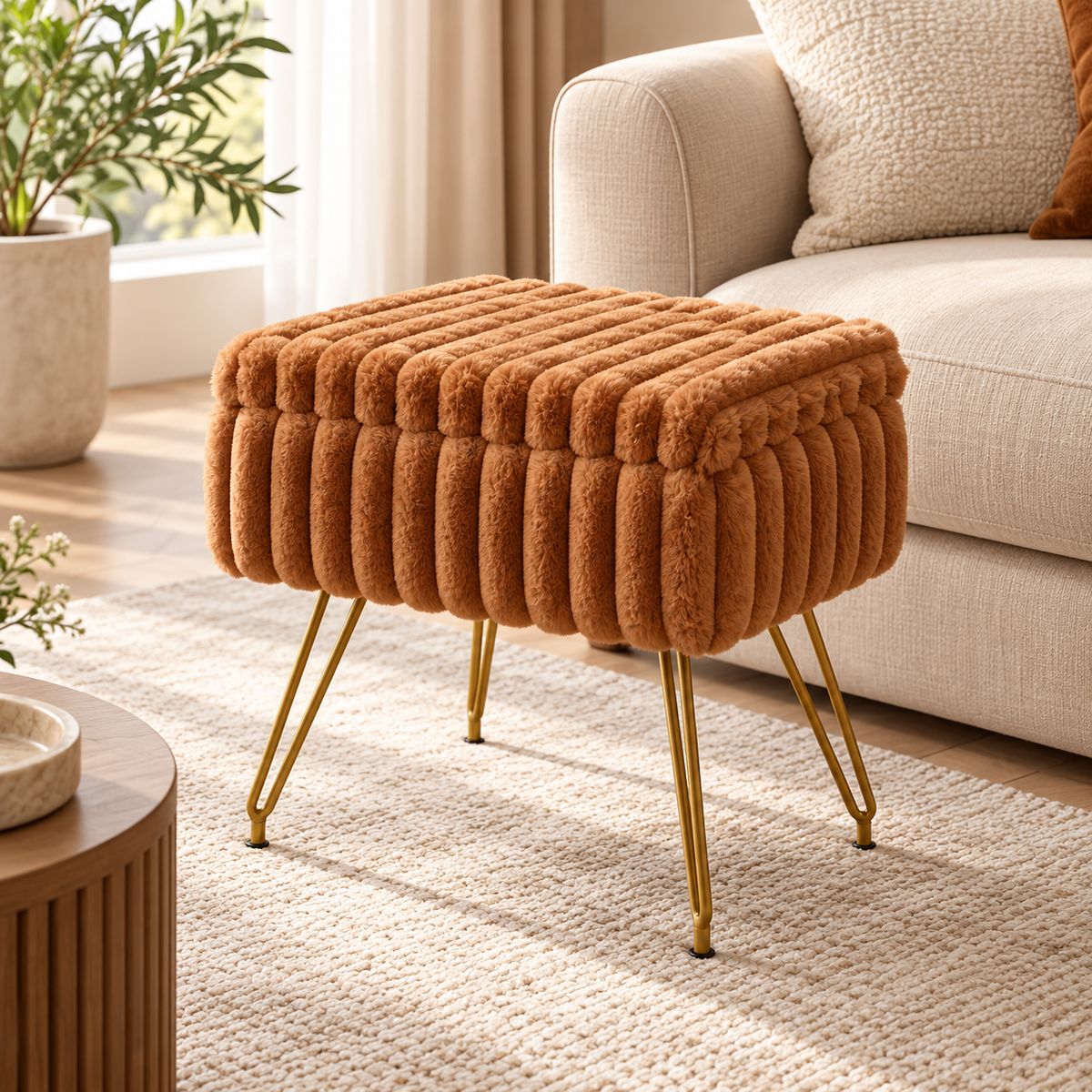 Pouf coffre caramel en fausse fourrure à bandes en relief et pieds dorés, placé devant un canapé beige.