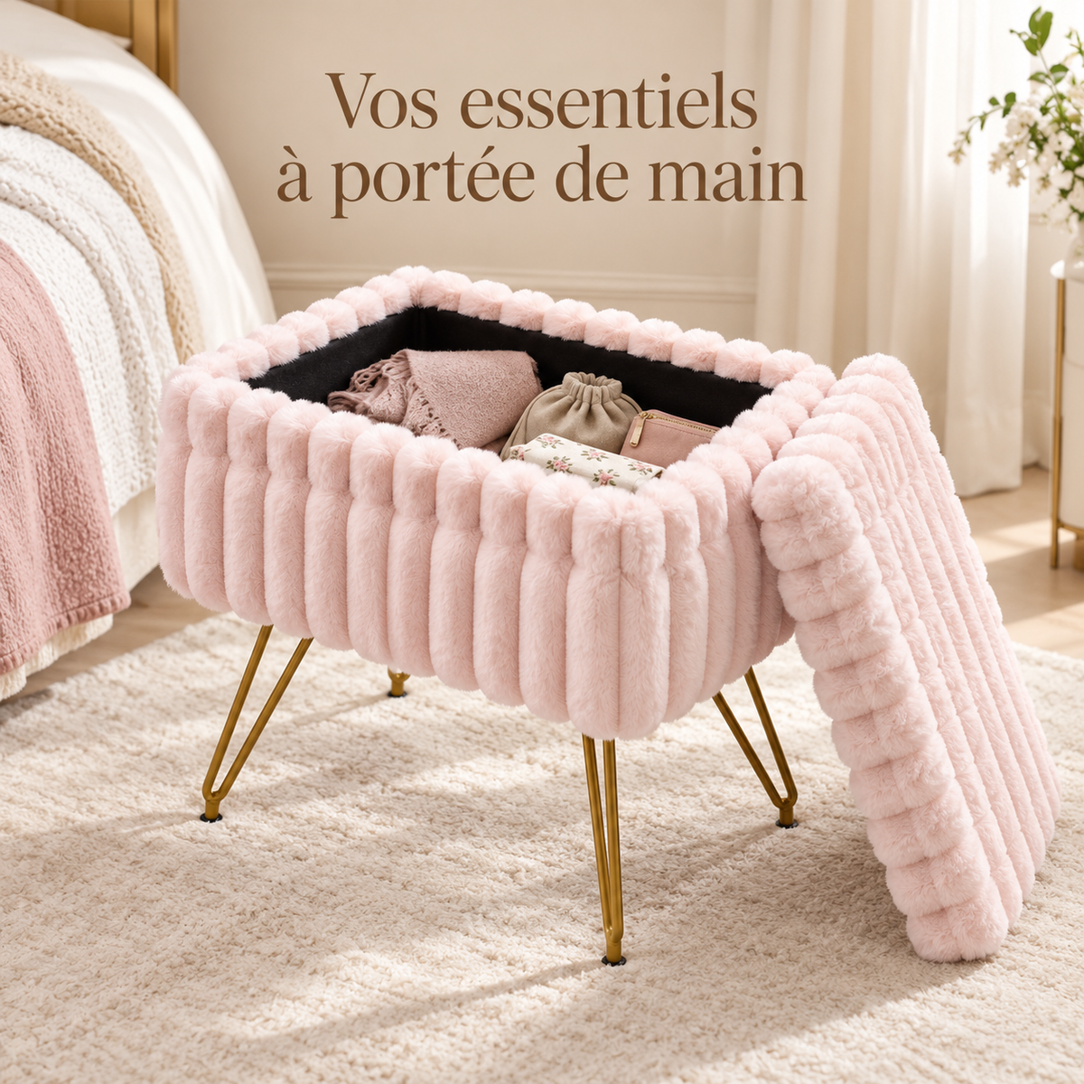 Pouf coffre rose ouvert avec des pochettes et petits textiles à l’intérieur, couvercle amovible posé à côté.