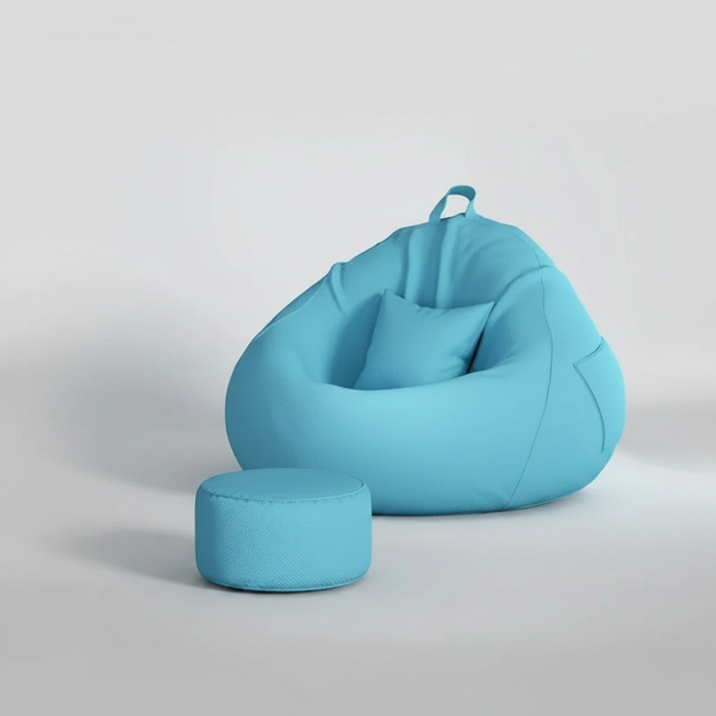 Pouf poire géant bleu azur avec repose-pieds assorti