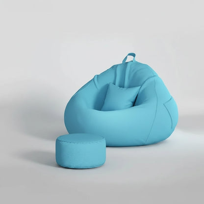 Pouf poire géant bleu azur avec repose-pieds assorti