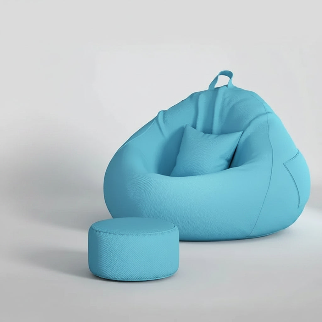 Pouf poire géant bleu ciel avec repose-pieds assorti