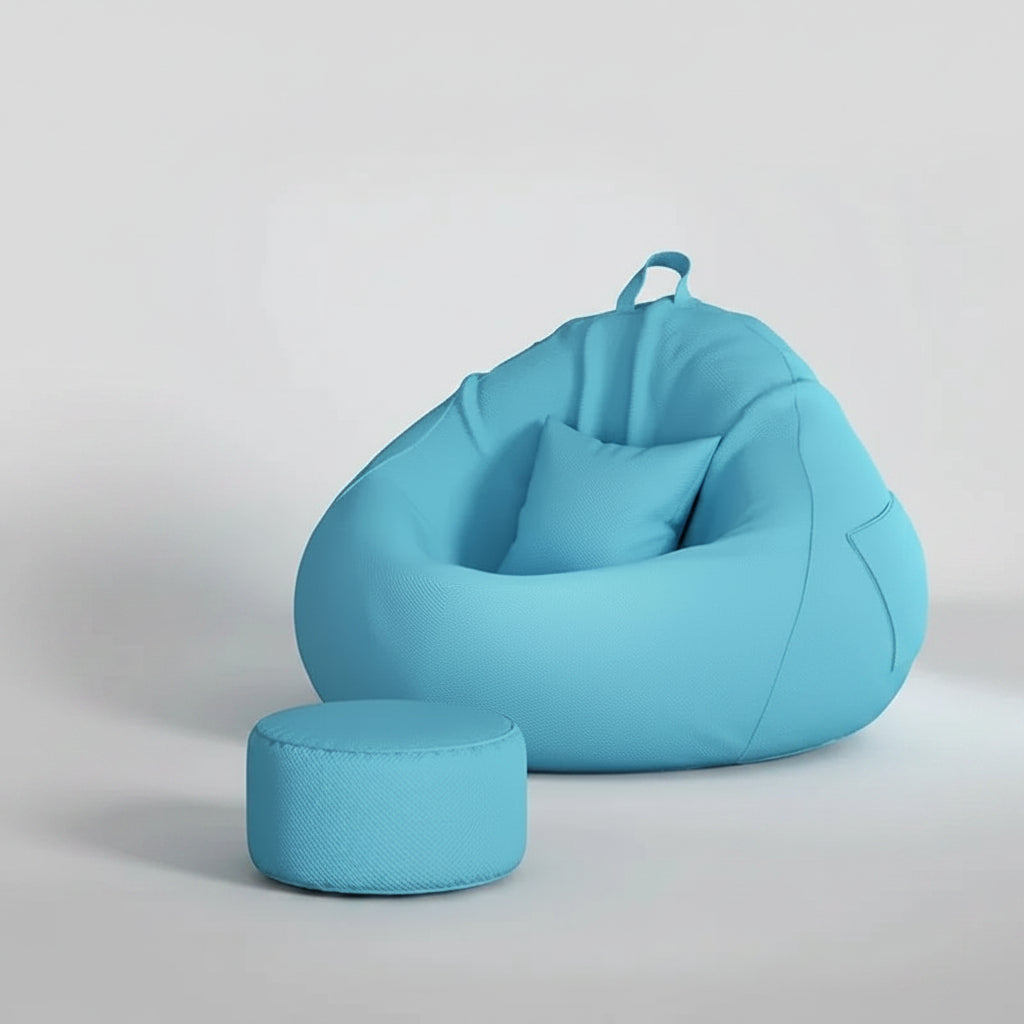 Pouf poire géant bleu turquoise avec repose-pieds assorti