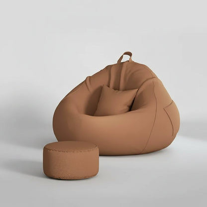 Pouf poire géant brun noisette avec repose-pieds assorti