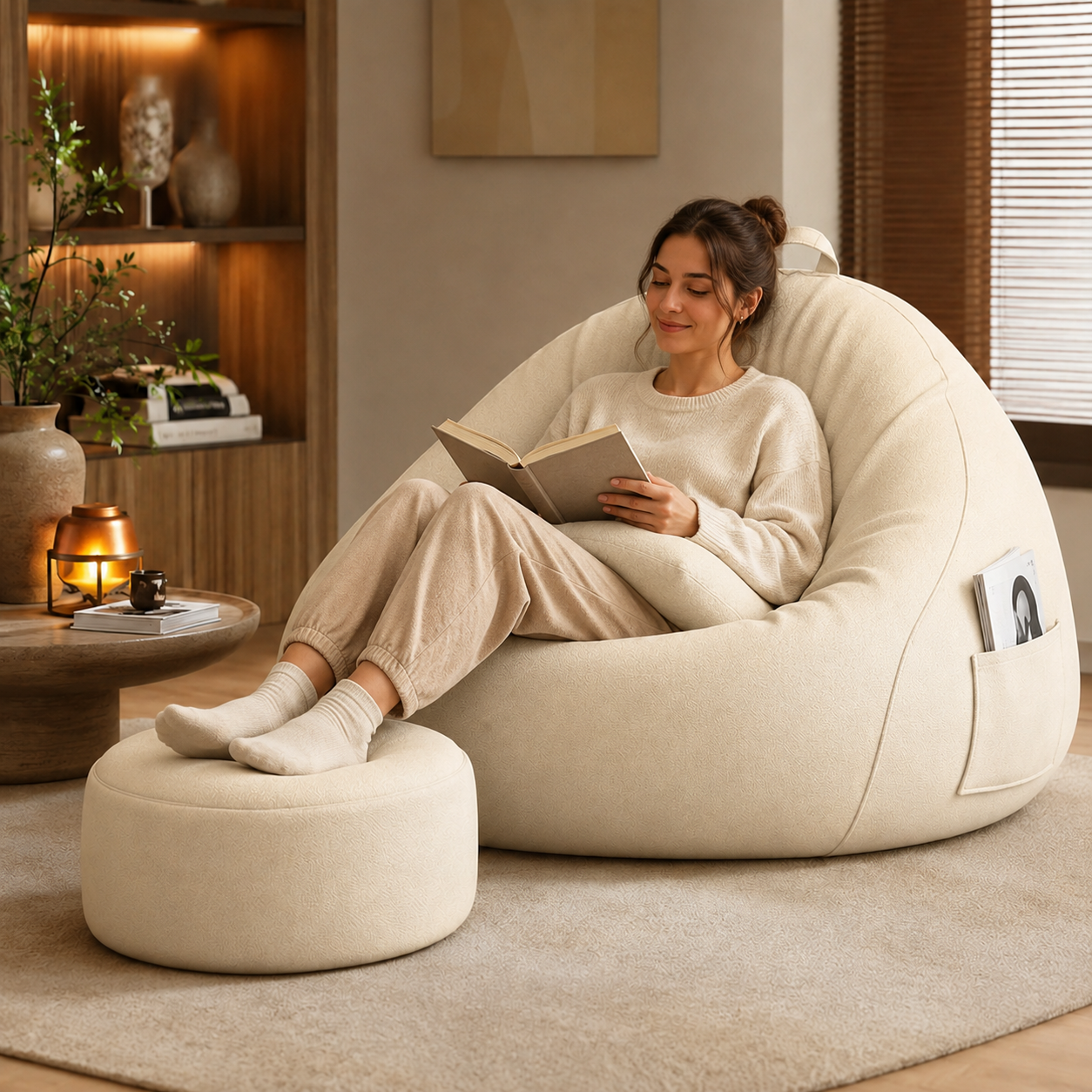 Femme installée dans un pouf poire géant pour salon avec repose-pieds
