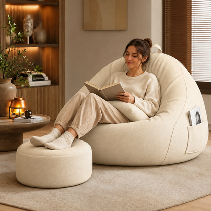 Femme installée dans un pouf poire géant pour salon avec repose-pieds